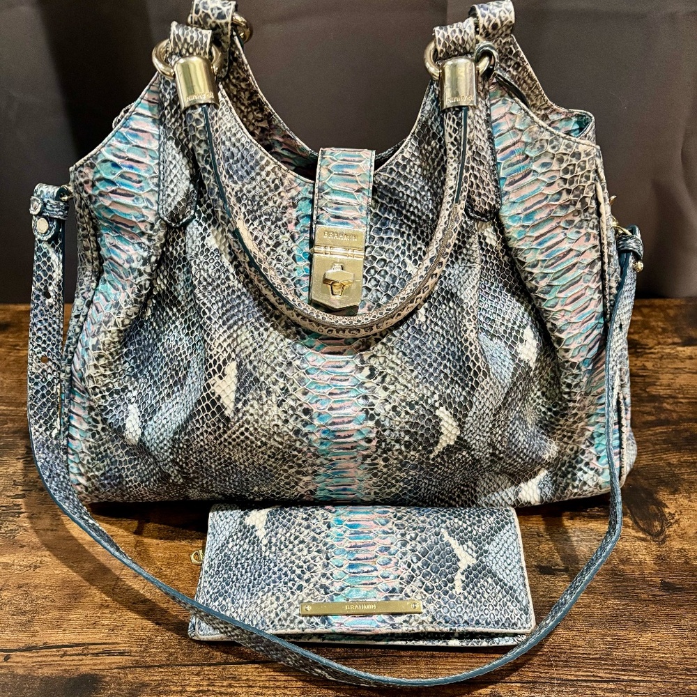 Brahmin Blue Animal Print Shoulder Bag Purse with Matching Wallet